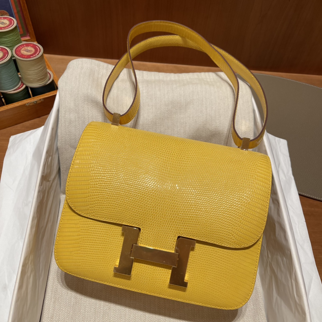 에르메스 콘스탄스24 옐로우 금장 리자드 가죽